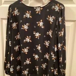 LOFT Black Blouse with Blue and Gold Floral Design